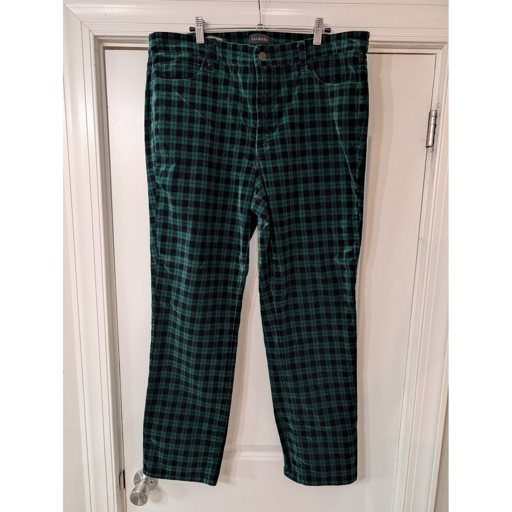 Talbots Green Buffalo Plaid Velveteen Straight Leg Pants Womens 16 festive